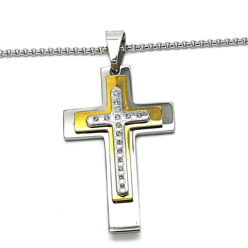 Stainless Steel Pendant Necklace, Cross Design, with White Cubic Zirconia, Polished, Two Tone