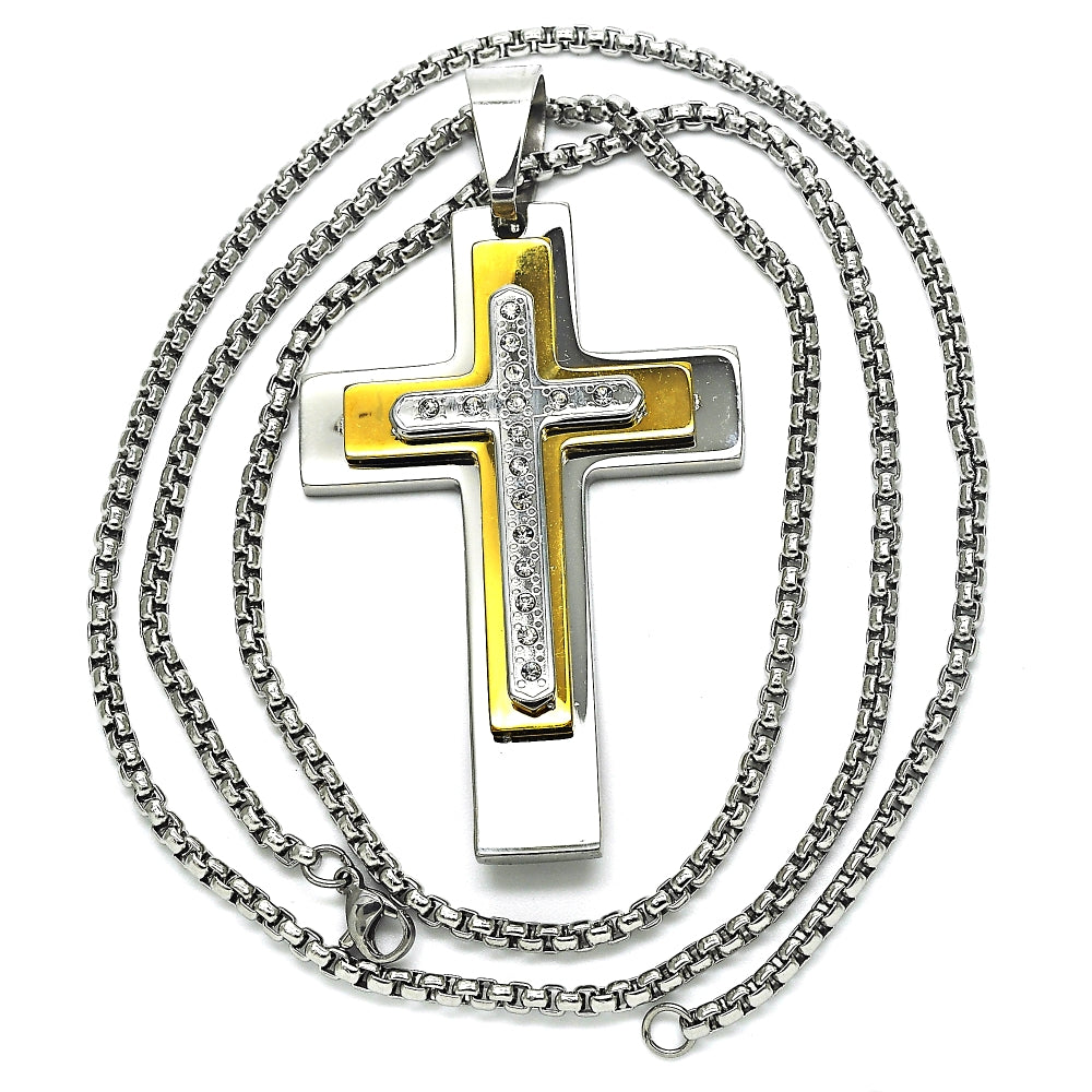 Stainless Steel Pendant Necklace, Cross Design, with White Cubic Zirconia, Polished, Two Tone