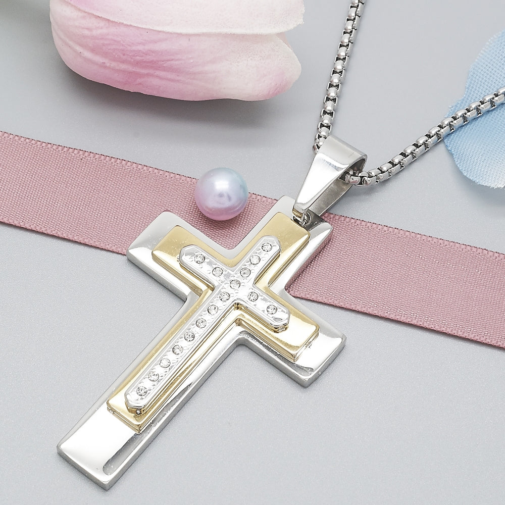 Stainless Steel Pendant Necklace, Cross Design, with White Cubic Zirconia, Polished, Two Tone
