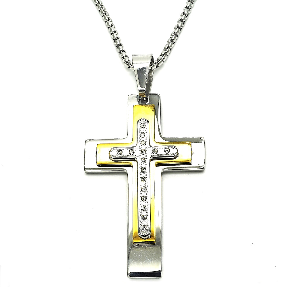 Stainless Steel Pendant Necklace, Cross Design, with White Cubic Zirconia, Polished, Two Tone
