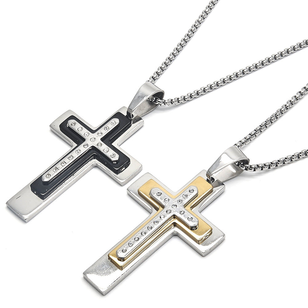 Stainless Steel Pendant Necklace, Cross Design, with White Cubic Zirconia, Polished, Two Tone