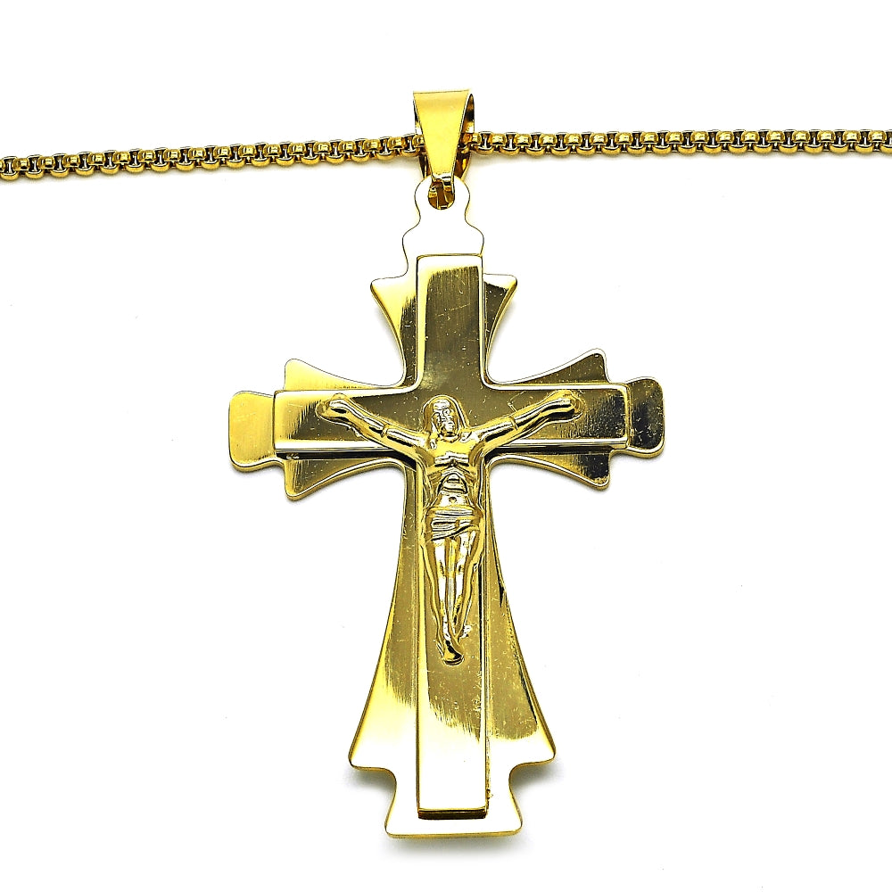 Stainless Steel Pendant Necklace, Crucifix Design, Polished, Golden Finish