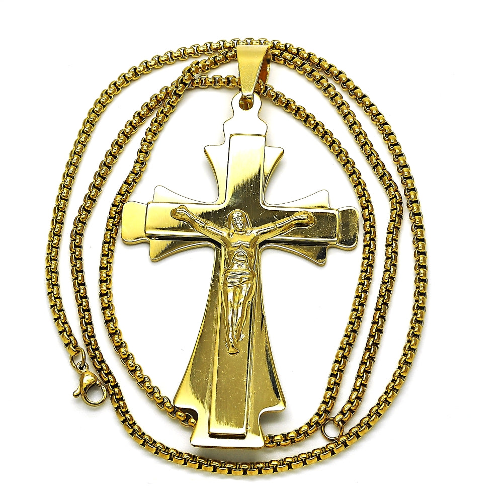 Stainless Steel Pendant Necklace, Crucifix Design, Polished, Golden Finish