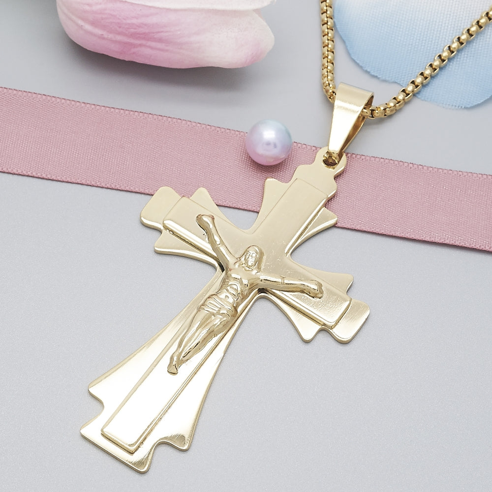 Stainless Steel Pendant Necklace, Crucifix Design, Polished, Golden Finish