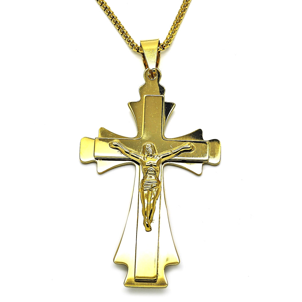 Stainless Steel Pendant Necklace, Crucifix Design, Polished, Golden Finish