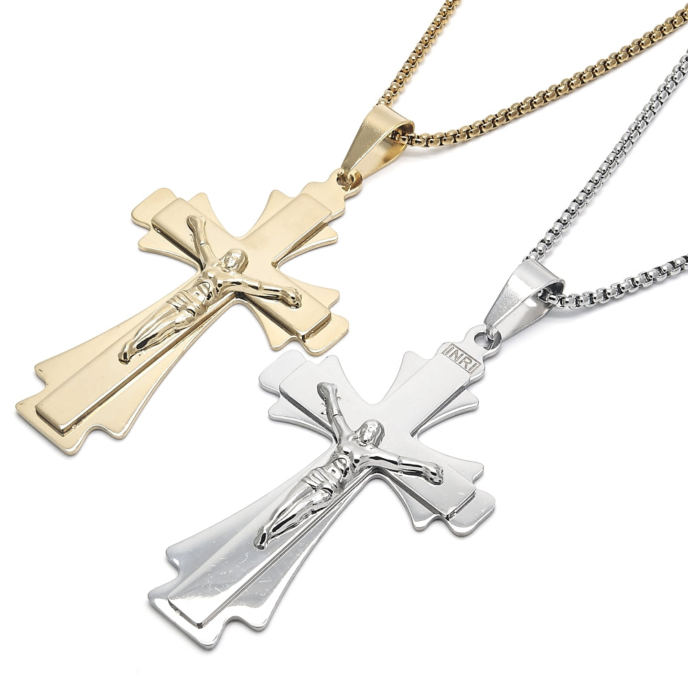 Stainless Steel Pendant Necklace, Crucifix Design, Polished, Golden Finish