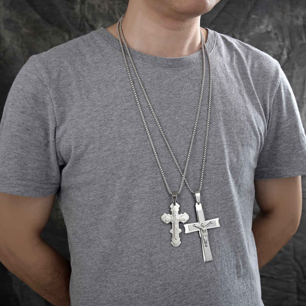 Stainless Steel Pendant Necklace, Cross Design, with White Cubic Zirconia, Polished, Steel Finish