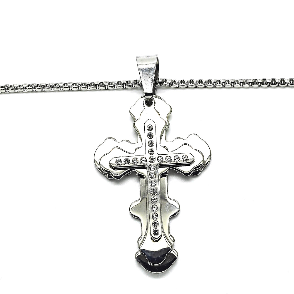 Stainless Steel Pendant Necklace, Cross Design, with White Cubic Zirconia, Polished, Steel Finish