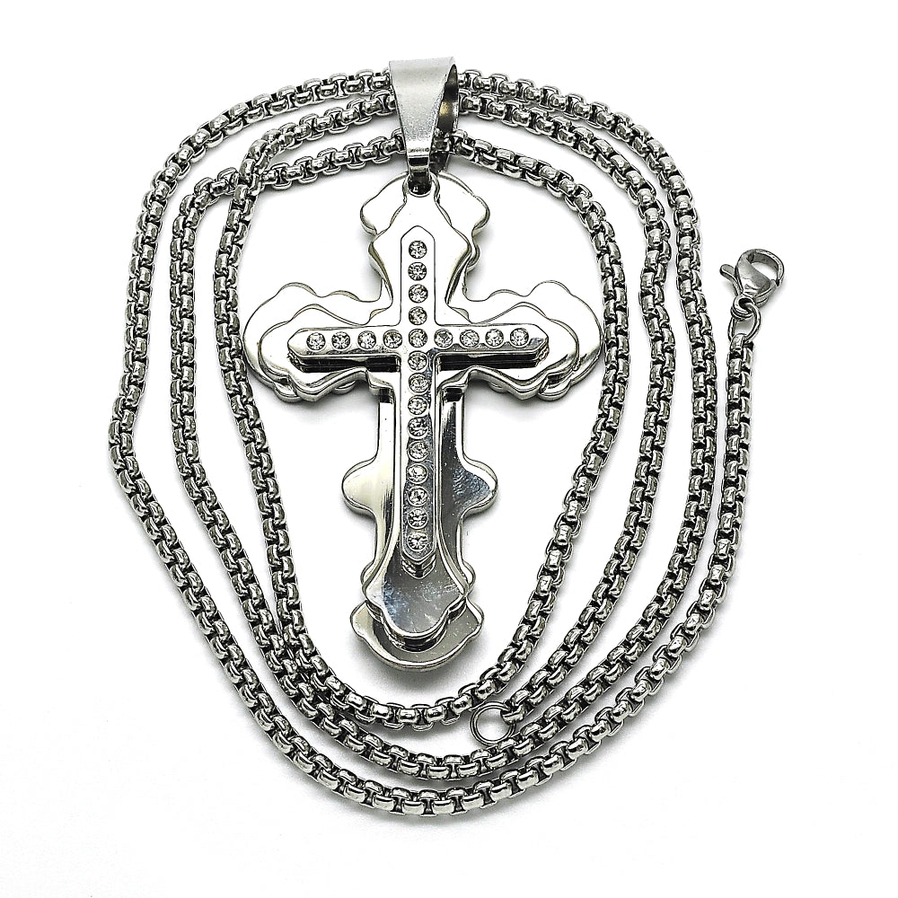 Stainless Steel Pendant Necklace, Cross Design, with White Cubic Zirconia, Polished, Steel Finish