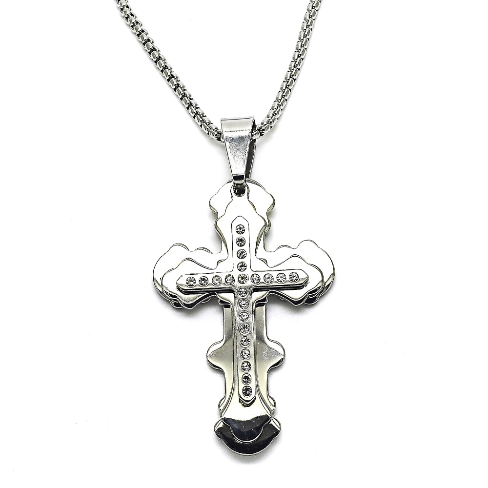 Stainless Steel Pendant Necklace, Cross Design, with White Cubic Zirconia, Polished, Steel Finish