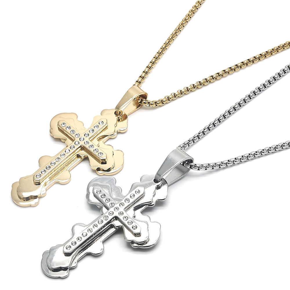 Stainless Steel Pendant Necklace, Cross Design, with White Cubic Zirconia, Polished, Steel Finish