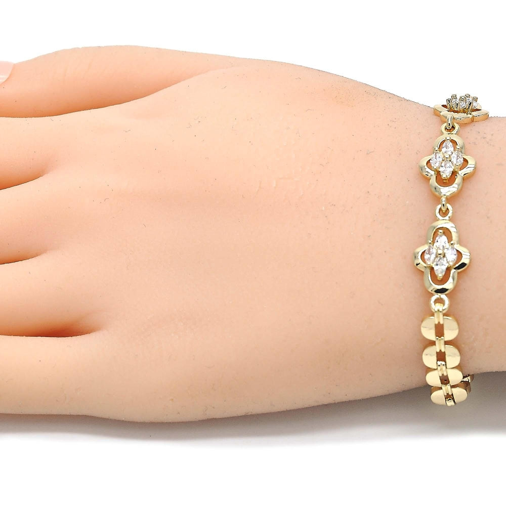 Oro Laminado Fancy Bracelet, Gold Filled Style with White Cubic Zirconia, Polished, Golden Finish