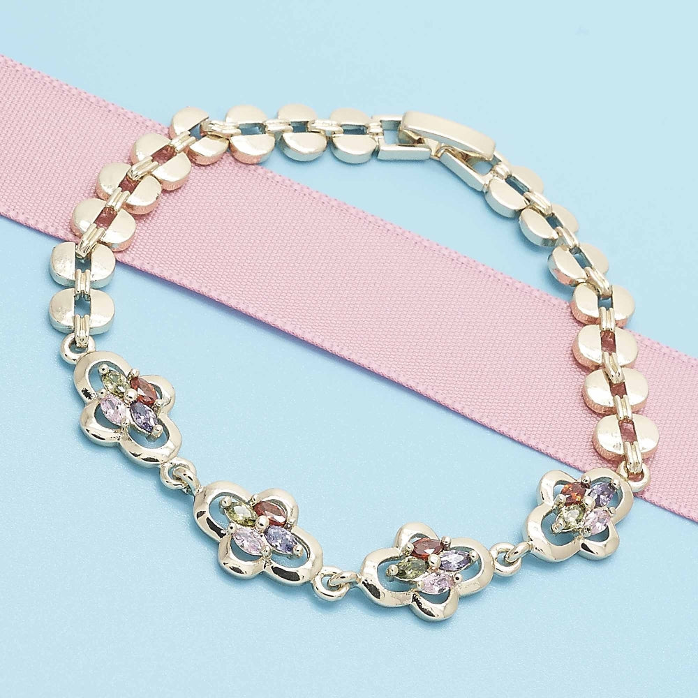 Oro Laminado Fancy Bracelet, Gold Filled Style with Multicolor Cubic Zirconia, Polished, Golden Finish