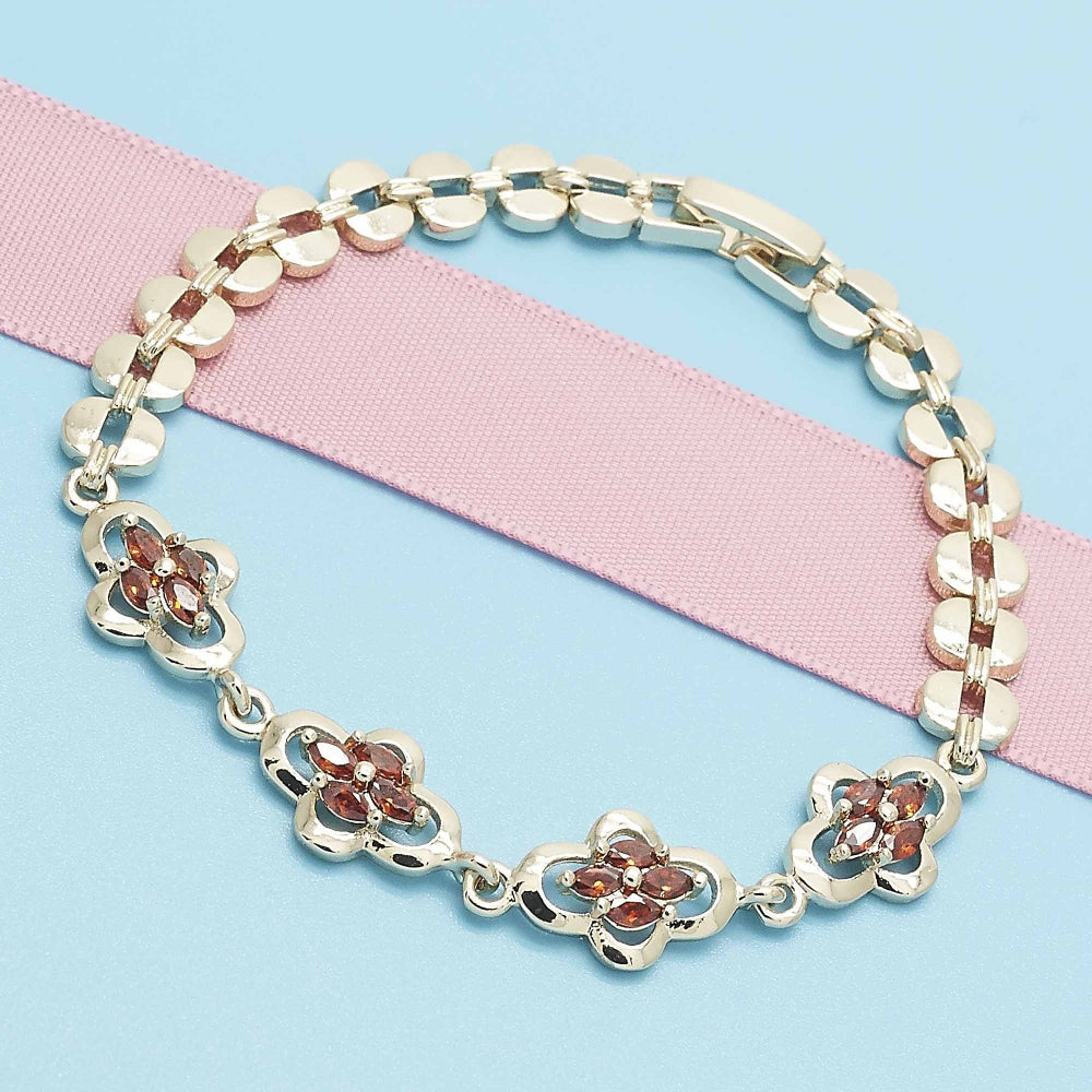Oro Laminado Fancy Bracelet, Gold Filled Style with Garnet Cubic Zirconia, Polished, Golden Finish