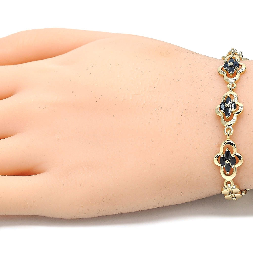 Oro Laminado Fancy Bracelet, Gold Filled Style with Black Cubic Zirconia, Polished, Golden Finish
