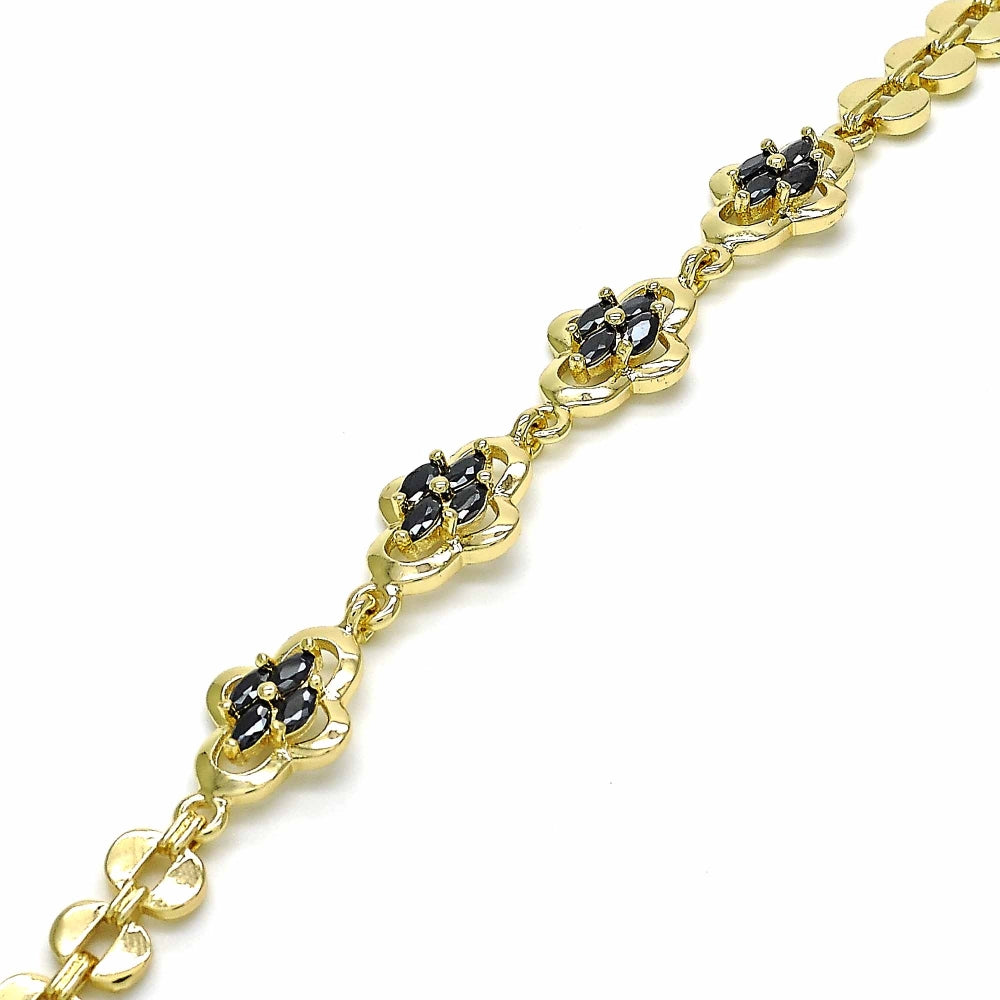 Oro Laminado Fancy Bracelet, Gold Filled Style with Black Cubic Zirconia, Polished, Golden Finish