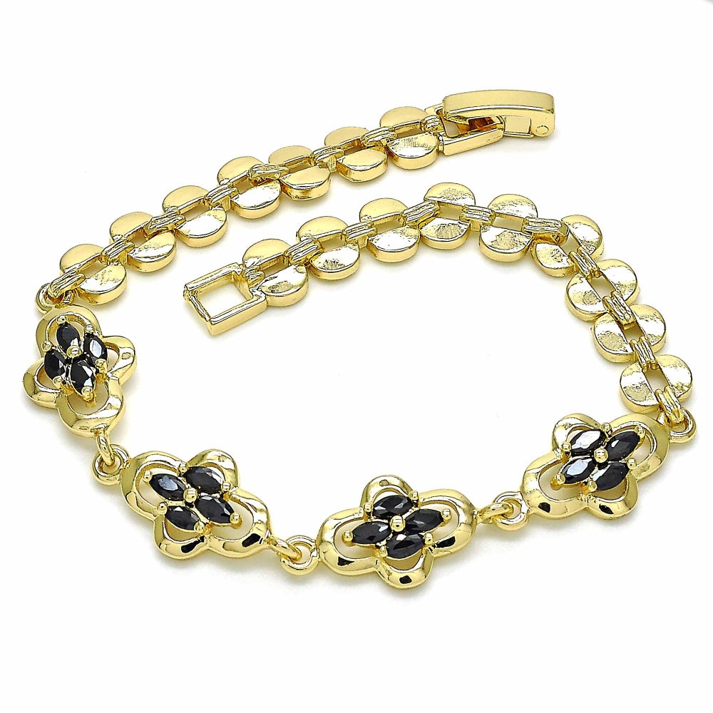 Oro Laminado Fancy Bracelet, Gold Filled Style with Black Cubic Zirconia, Polished, Golden Finish