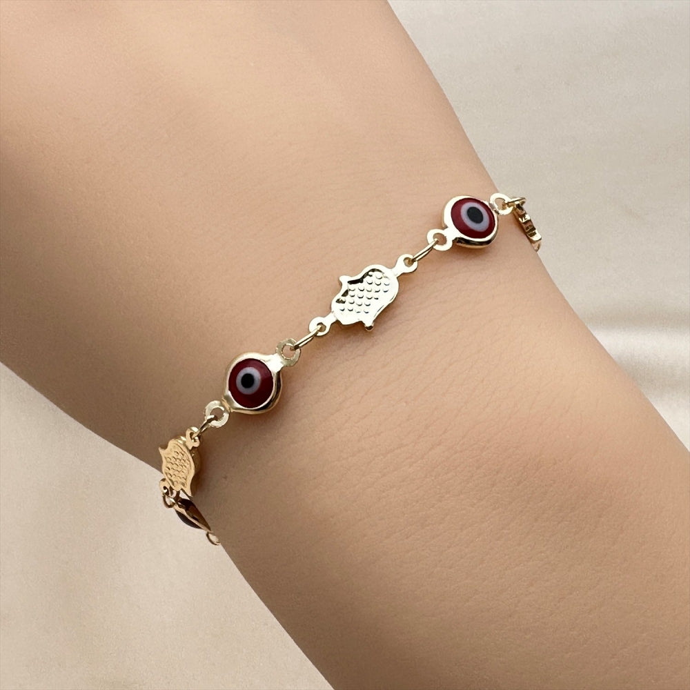 Oro Laminado Fancy Bracelet, Gold Filled Style Judaica and Evil Eye Design, Red Resin Finish, Golden Finish