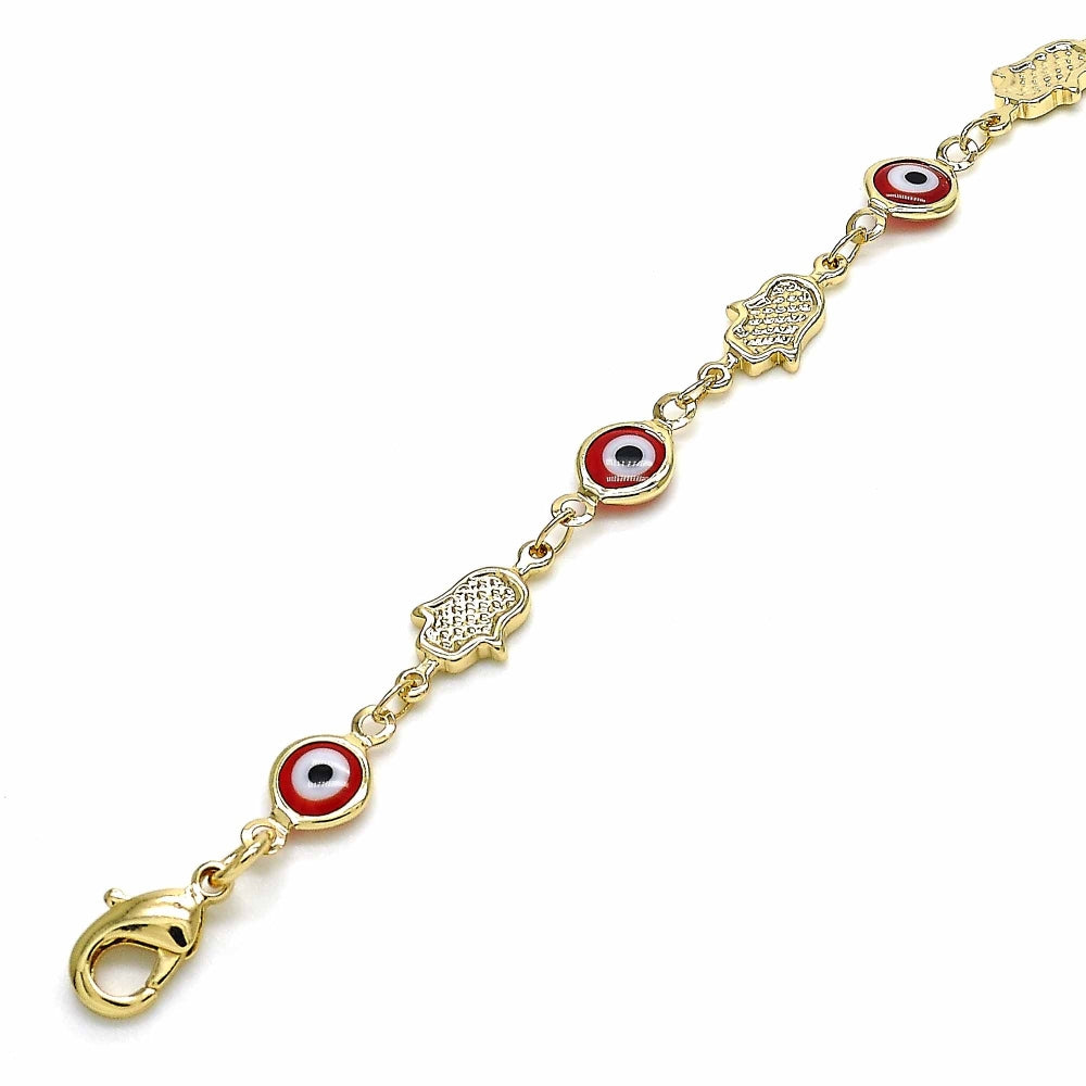 Oro Laminado Fancy Bracelet, Gold Filled Style Judaica and Evil Eye Design, Red Resin Finish, Golden Finish