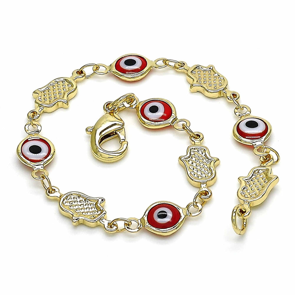 Oro Laminado Fancy Bracelet, Gold Filled Style Judaica and Evil Eye Design, Red Resin Finish, Golden Finish