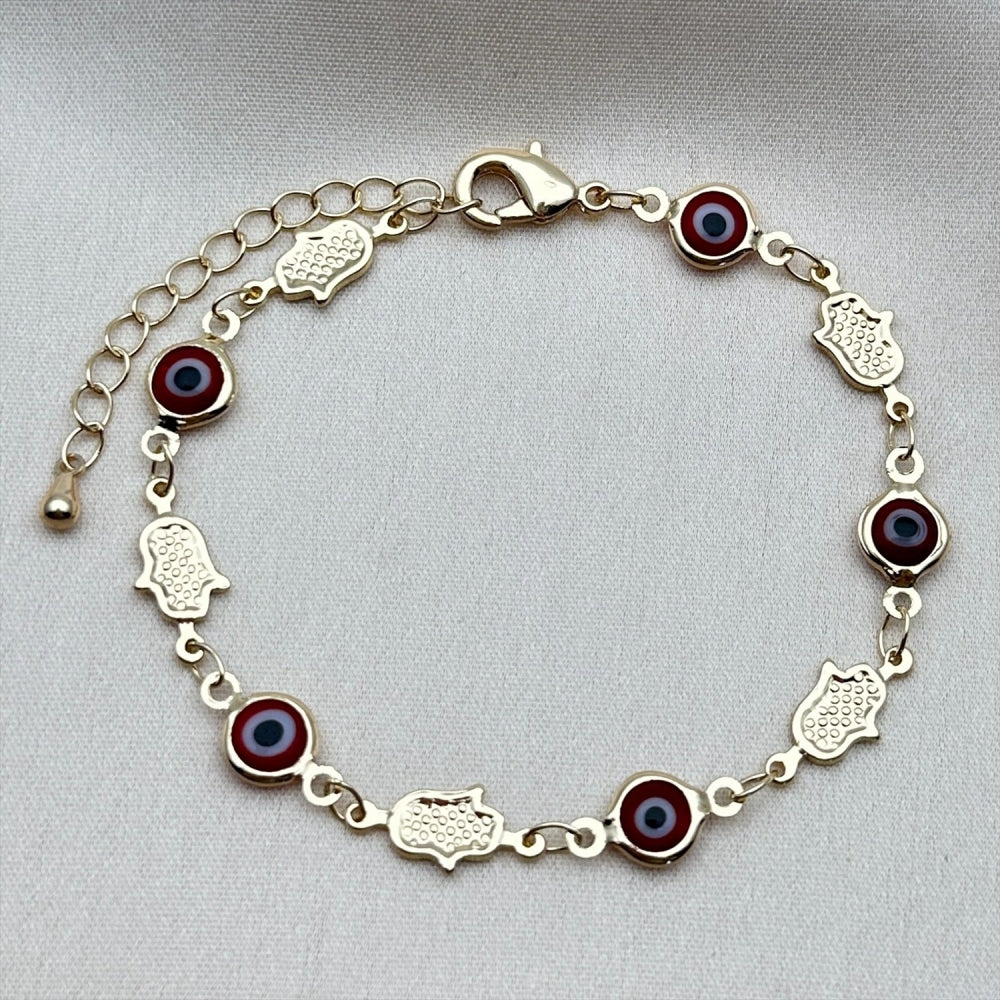 Oro Laminado Fancy Bracelet, Gold Filled Style Judaica and Evil Eye Design, Red Resin Finish, Golden Finish