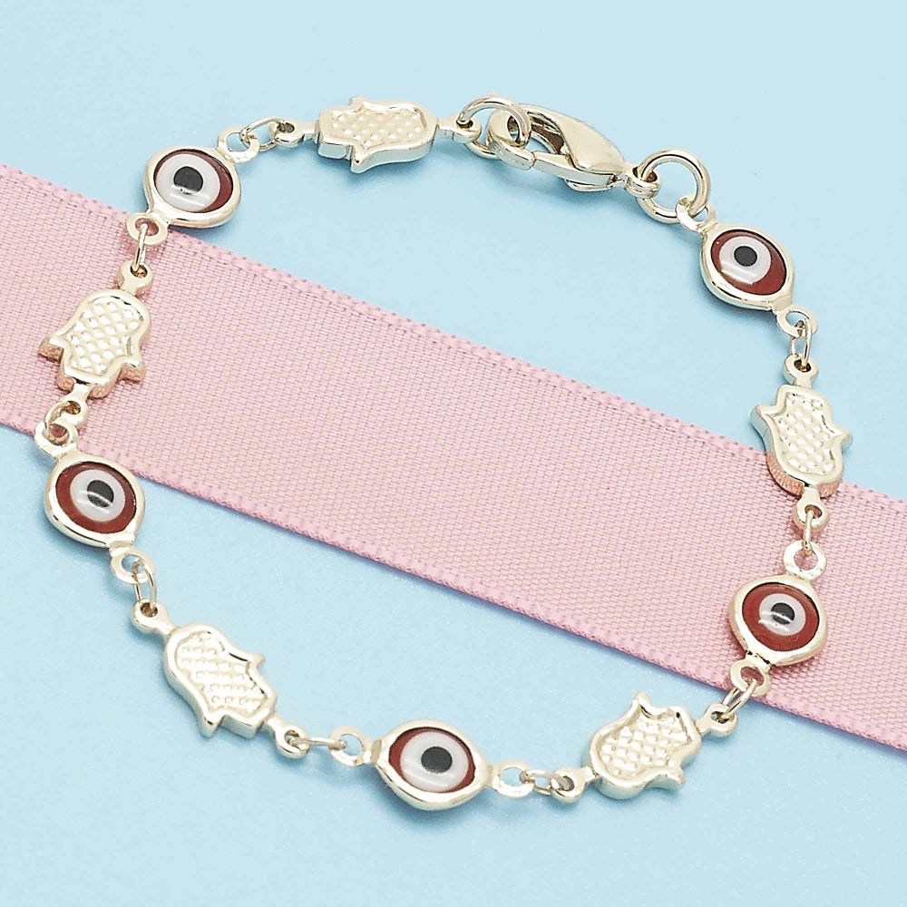 Oro Laminado Fancy Bracelet, Gold Filled Style Judaica and Evil Eye Design, Red Resin Finish, Golden Finish