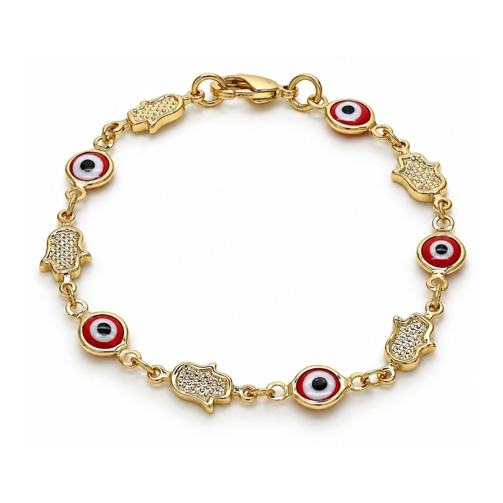 Oro Laminado Fancy Bracelet, Gold Filled Style Judaica and Evil Eye Design, Red Resin Finish, Golden Finish