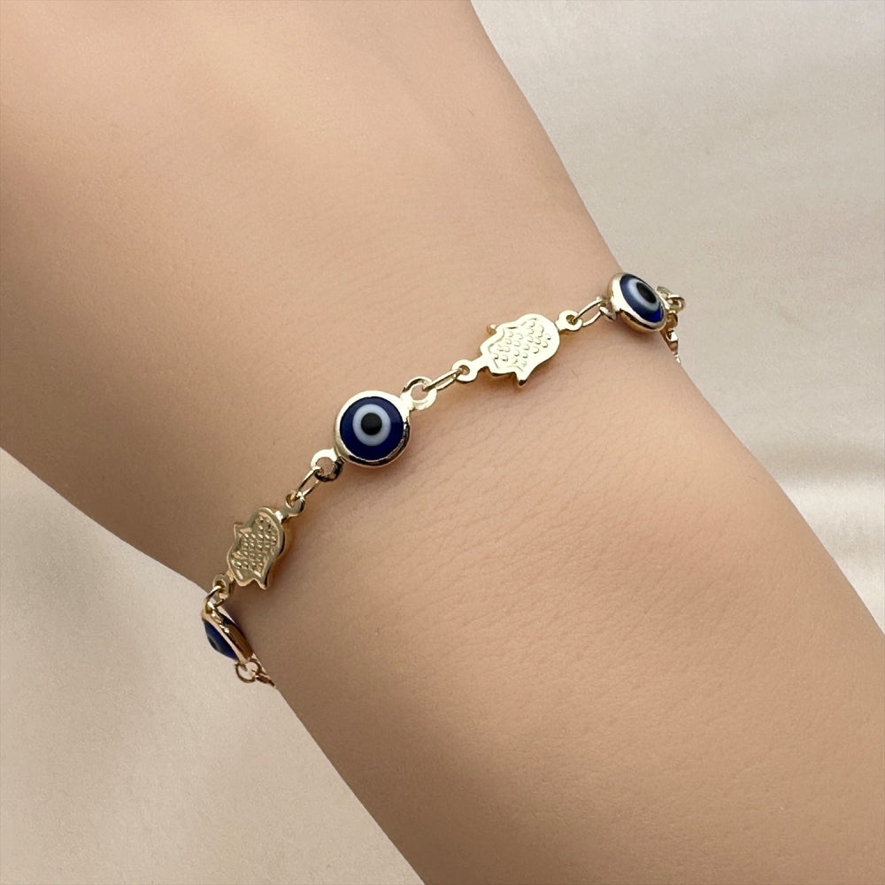 Oro Laminado Fancy Bracelet, Gold Filled Style Judaica and Evil Eye Design, Blue Resin Finish, Golden Finish