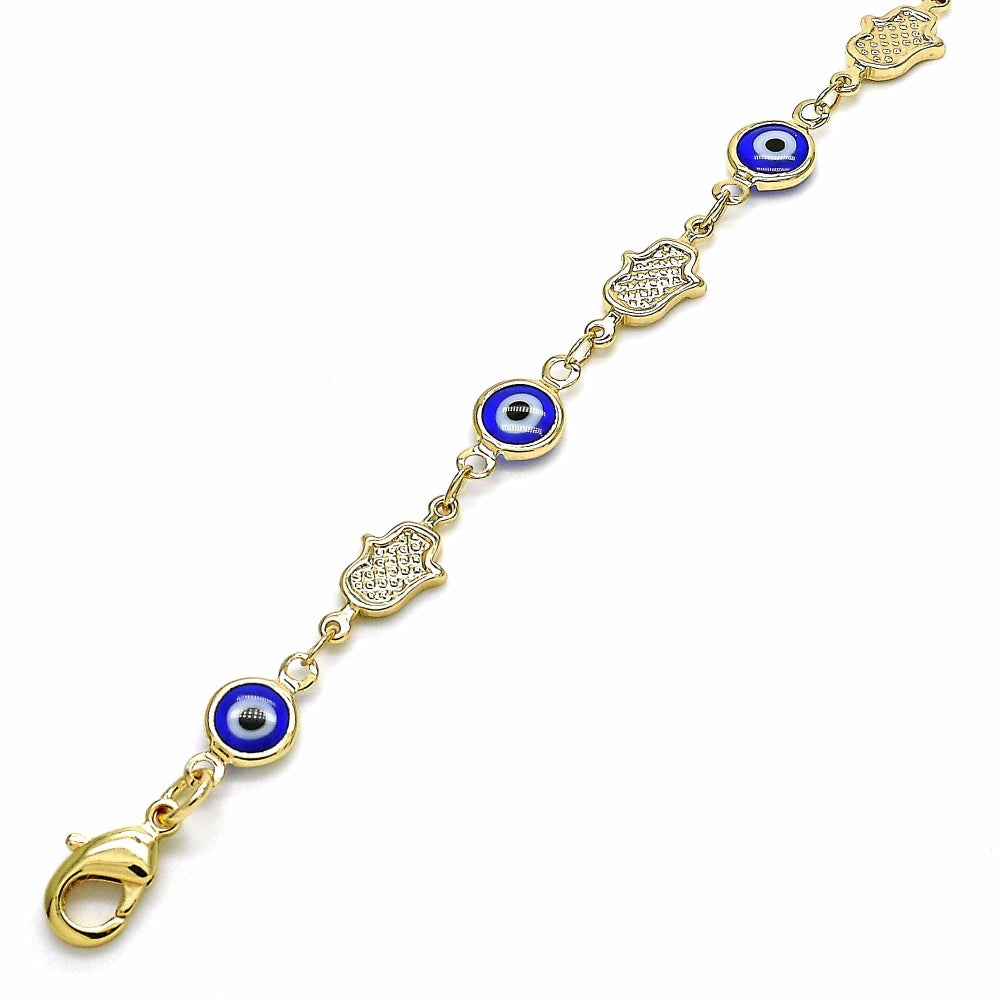 Oro Laminado Fancy Bracelet, Gold Filled Style Judaica and Evil Eye Design, Blue Resin Finish, Golden Finish