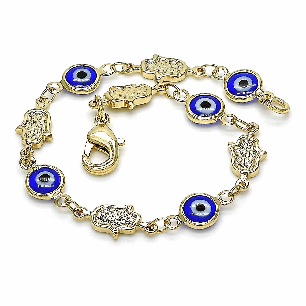 Oro Laminado Fancy Bracelet, Gold Filled Style Judaica and Evil Eye Design, Blue Resin Finish, Golden Finish
