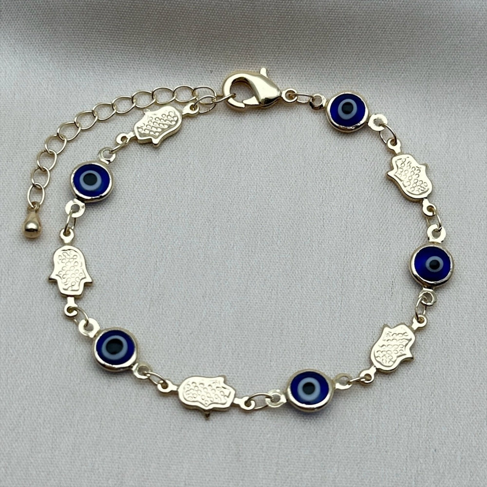 Oro Laminado Fancy Bracelet, Gold Filled Style Judaica and Evil Eye Design, Blue Resin Finish, Golden Finish