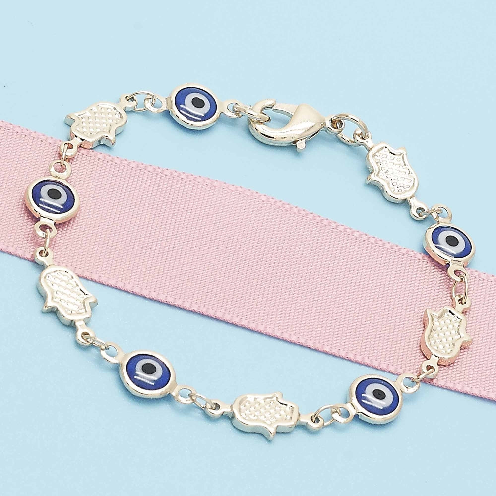 Oro Laminado Fancy Bracelet, Gold Filled Style Judaica and Evil Eye Design, Blue Resin Finish, Golden Finish