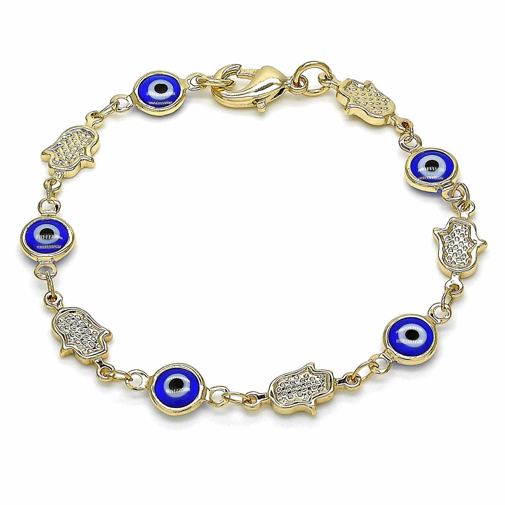 Oro Laminado Fancy Bracelet, Gold Filled Style Judaica and Evil Eye Design, Blue Resin Finish, Golden Finish