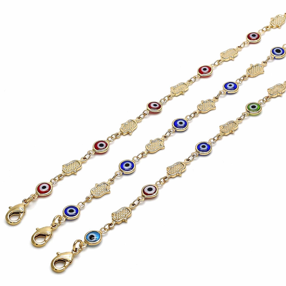 Oro Laminado Fancy Bracelet, Gold Filled Style Judaica and Evil Eye Design, Blue Resin Finish, Golden Finish
