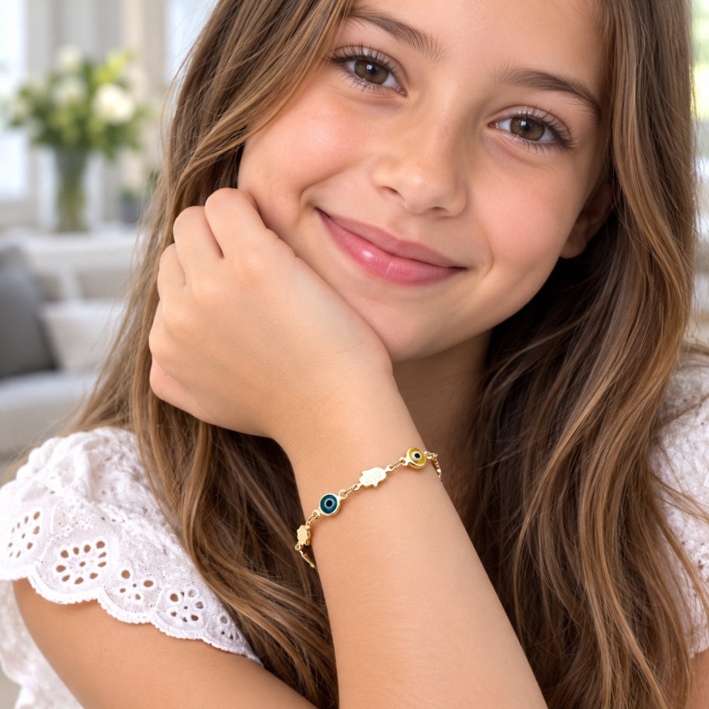 Oro Laminado Fancy Bracelet, Gold Filled Style Judaica and Evil Eye Design, Multicolor Resin Finish, Golden Finish