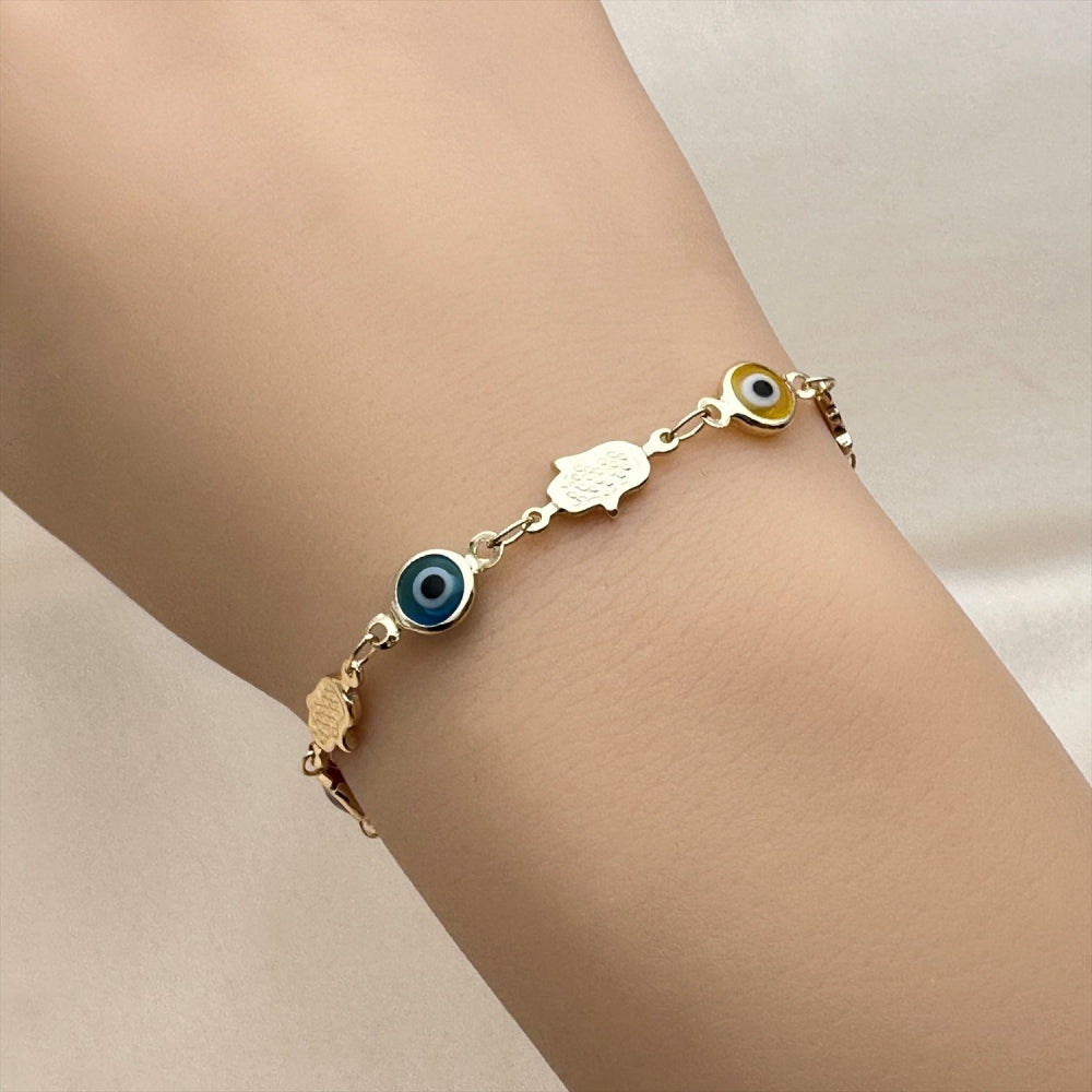Oro Laminado Fancy Bracelet, Gold Filled Style Judaica and Evil Eye Design, Multicolor Resin Finish, Golden Finish