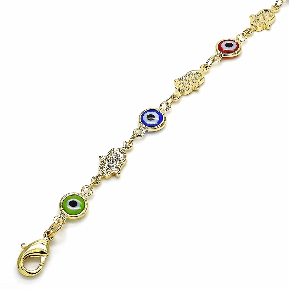 Oro Laminado Fancy Bracelet, Gold Filled Style Judaica and Evil Eye Design, Multicolor Resin Finish, Golden Finish