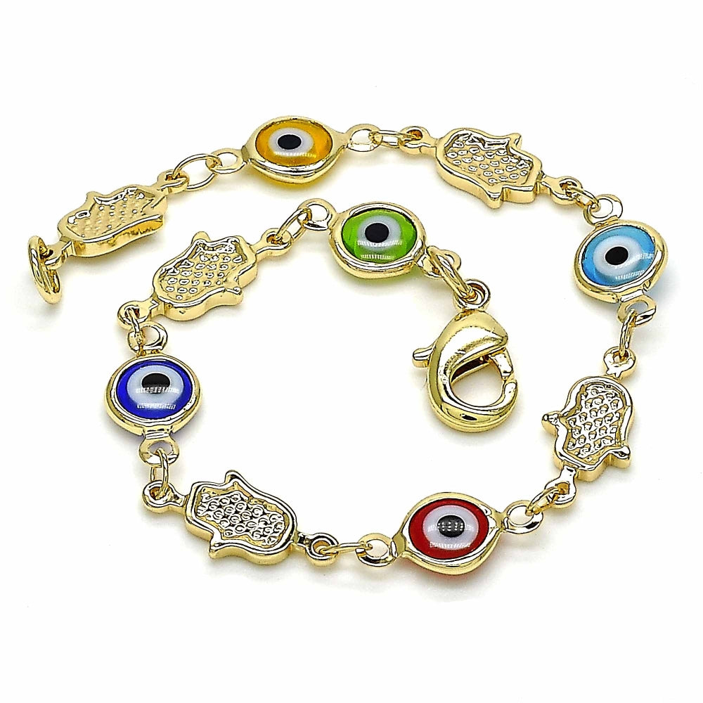 Oro Laminado Fancy Bracelet, Gold Filled Style Judaica and Evil Eye Design, Multicolor Resin Finish, Golden Finish
