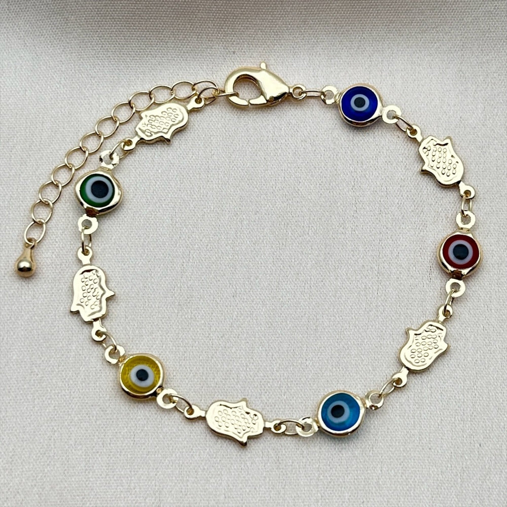 Oro Laminado Fancy Bracelet, Gold Filled Style Judaica and Evil Eye Design, Multicolor Resin Finish, Golden Finish