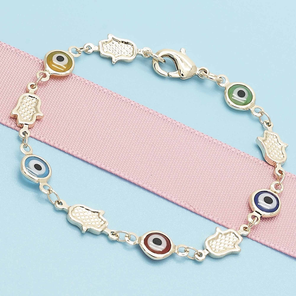 Oro Laminado Fancy Bracelet, Gold Filled Style Judaica and Evil Eye Design, Multicolor Resin Finish, Golden Finish