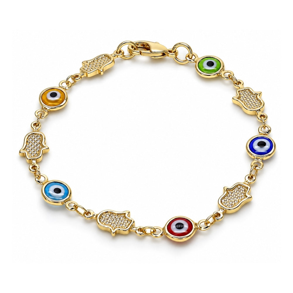 Oro Laminado Fancy Bracelet, Gold Filled Style Judaica and Evil Eye Design, Multicolor Resin Finish, Golden Finish