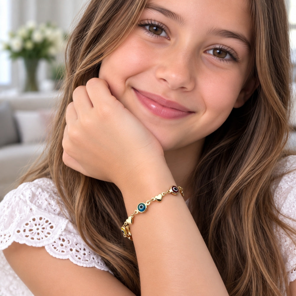 Oro Laminado Fancy Bracelet, Gold Filled Style Evil Eye and Heart Design, Multicolor Resin Finish, Golden Finish