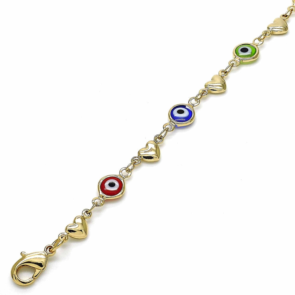 Oro Laminado Fancy Bracelet, Gold Filled Style Evil Eye and Heart Design, Multicolor Resin Finish, Golden Finish