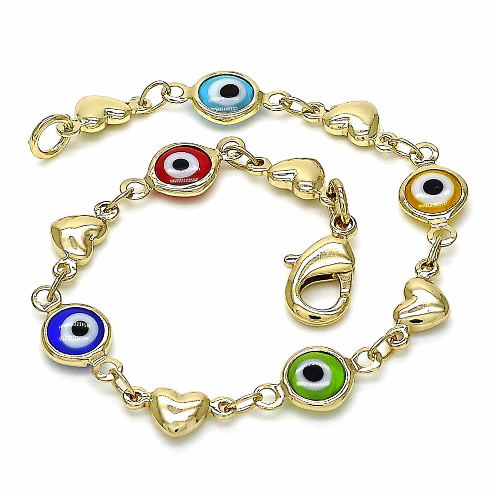 Oro Laminado Fancy Bracelet, Gold Filled Style Evil Eye and Heart Design, Multicolor Resin Finish, Golden Finish