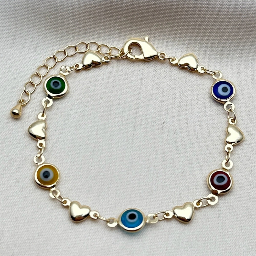 Oro Laminado Fancy Bracelet, Gold Filled Style Evil Eye and Heart Design, Multicolor Resin Finish, Golden Finish