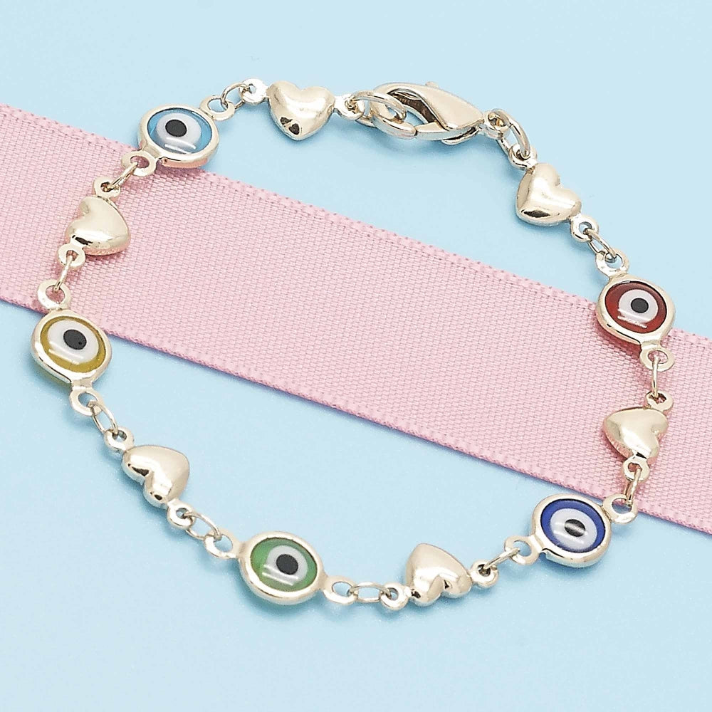 Oro Laminado Fancy Bracelet, Gold Filled Style Evil Eye and Heart Design, Multicolor Resin Finish, Golden Finish
