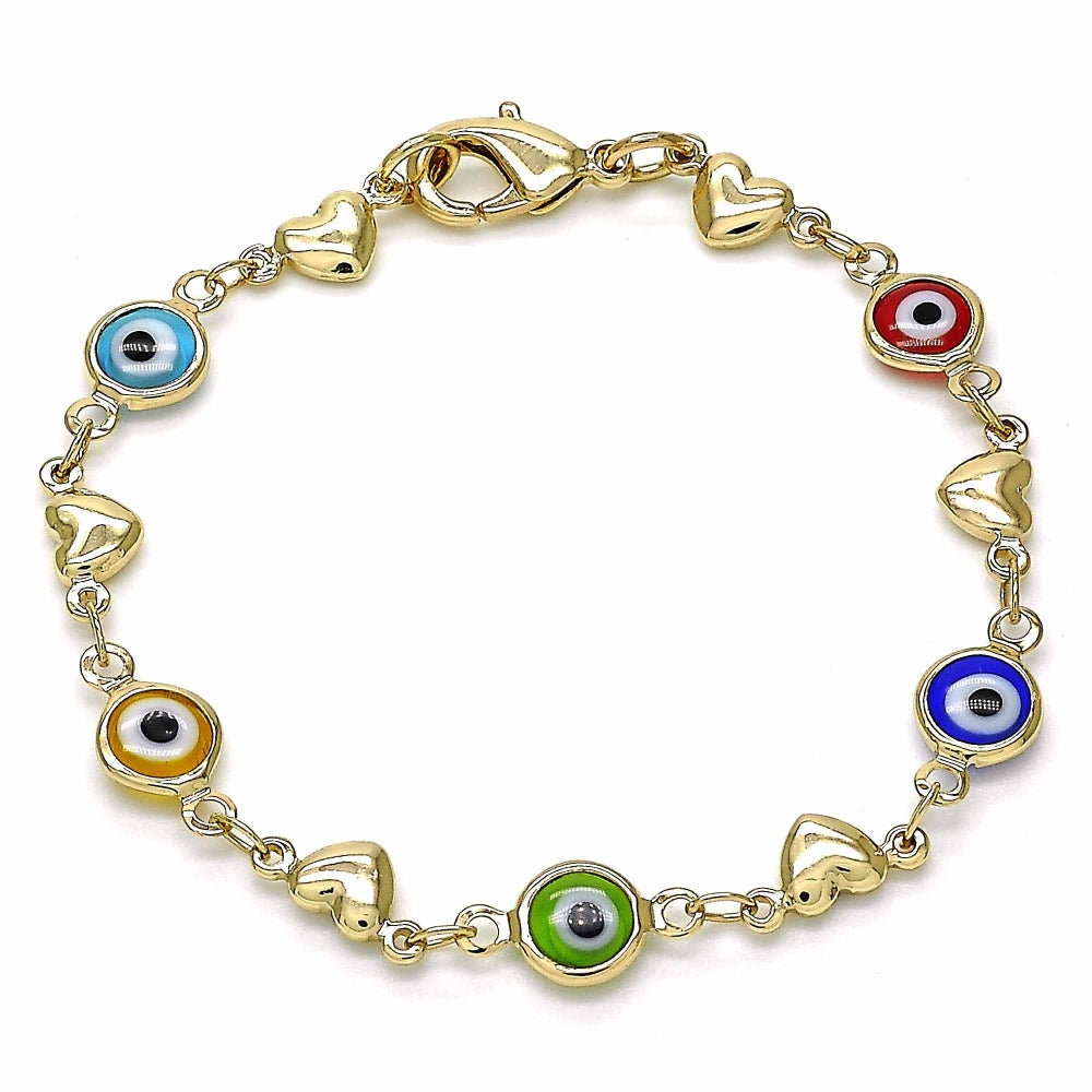 Oro Laminado Fancy Bracelet, Gold Filled Style Evil Eye and Heart Design, Multicolor Resin Finish, Golden Finish