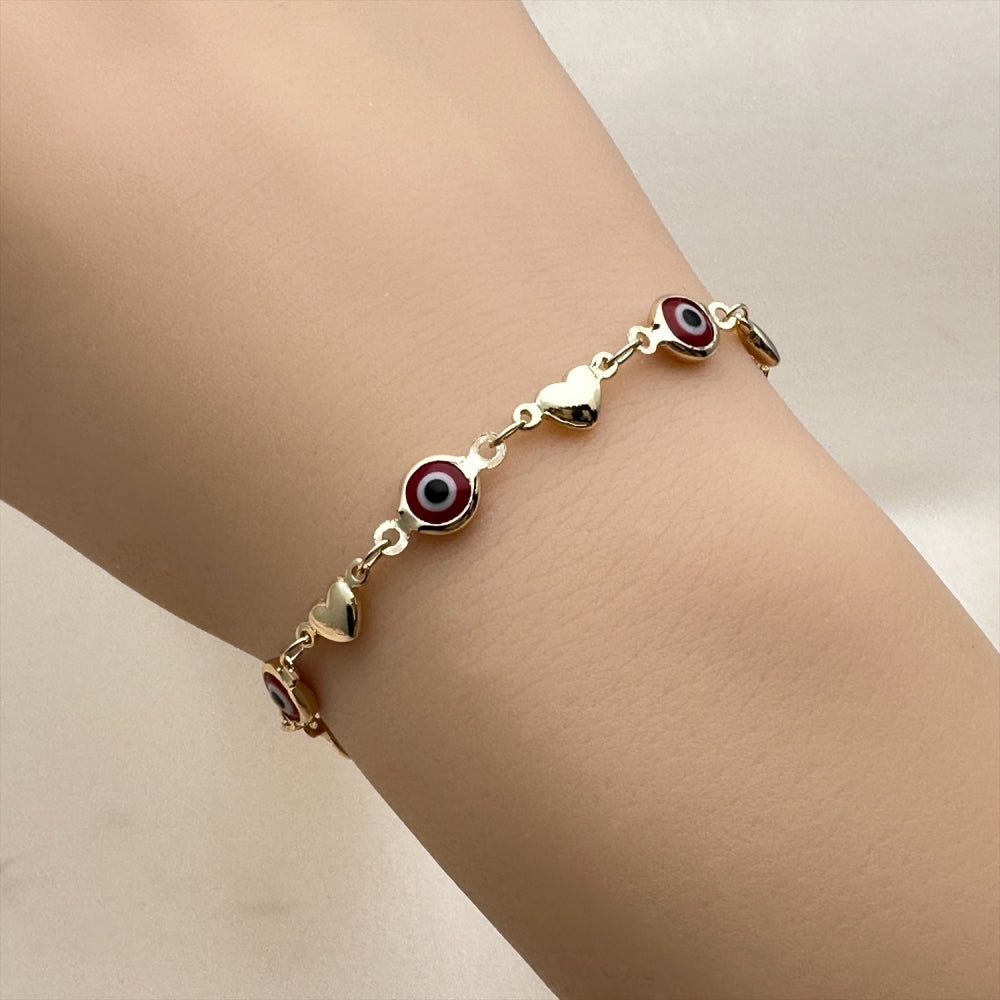 Oro Laminado Fancy Bracelet, Gold Filled Style Evil Eye and Heart Design, Red Resin Finish, Golden Finish