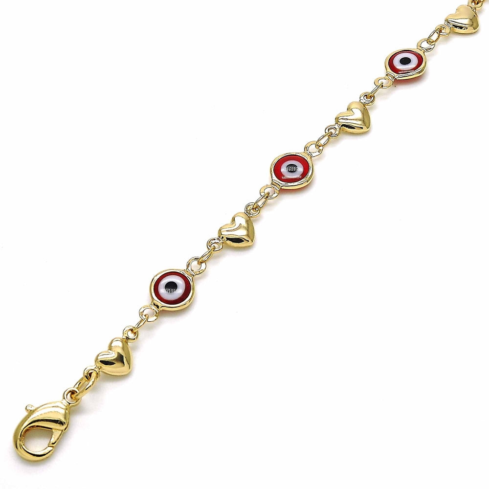 Oro Laminado Fancy Bracelet, Gold Filled Style Evil Eye and Heart Design, Red Resin Finish, Golden Finish