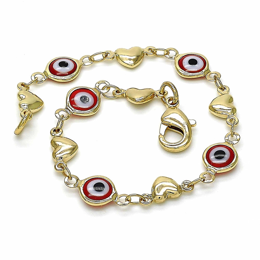 Oro Laminado Fancy Bracelet, Gold Filled Style Evil Eye and Heart Design, Red Resin Finish, Golden Finish